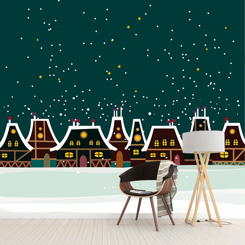 Illustration Winter House Mural Wallpaper Full Size Wall Covering for Kids Bedroom, Custom Print Green Clearhalo 'Wall Decor' 'Wall Mural' 1185784