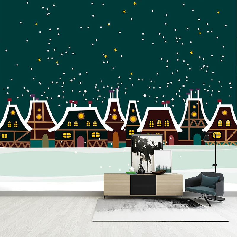 Illustration Winter House Mural Wallpaper Full Size Wall Covering for Kids Bedroom, Custom Print Clearhalo 'Wall Decor' 'Wall Mural' 1185785