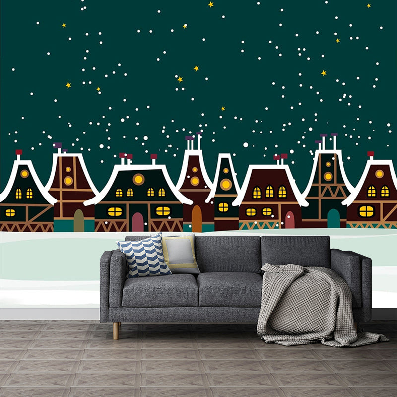 Illustration Winter House Mural Wallpaper Full Size Wall Covering for Kids Bedroom, Custom Print Clearhalo 'Wall Decor' 'Wall Mural' 1185786