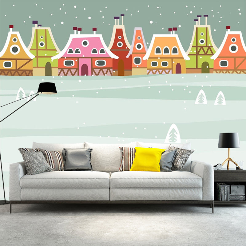 Fantasy Snowy Town Wallpaper Murals for Nursery Customized Wall Decor in Pink-Green-Grey Pink-Green-Gray Clearhalo 'Wall Decor' 'Wall Mural' 1185789