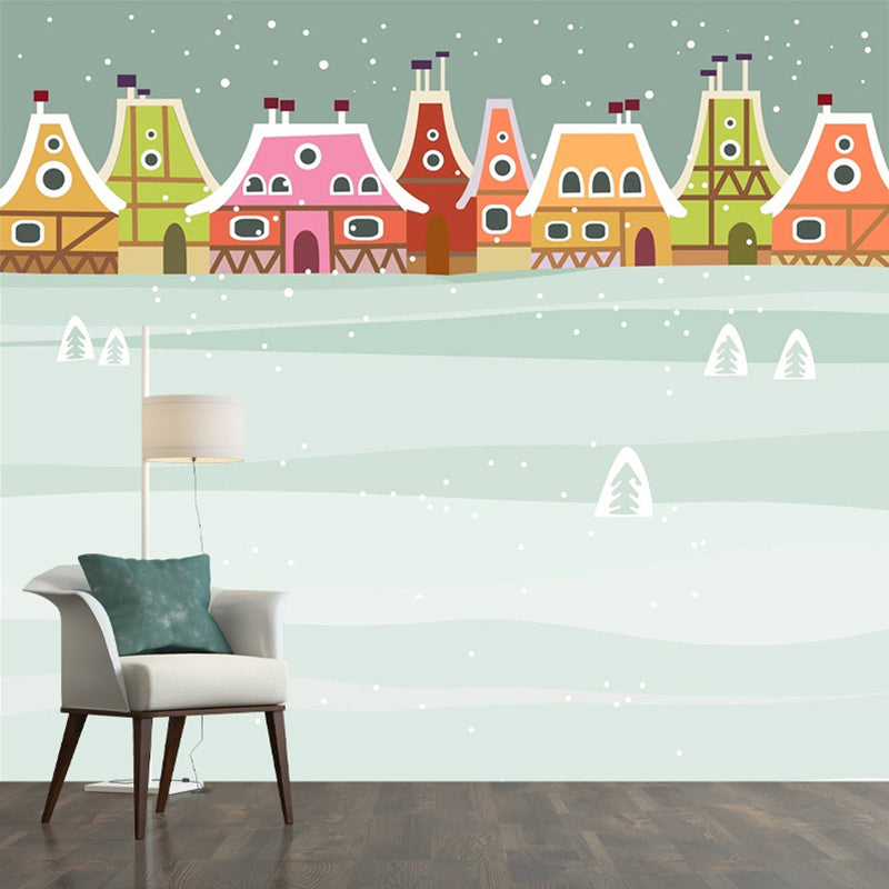 Fantasy Snowy Town Wallpaper Murals for Nursery Customized Wall Decor in Pink-Green-Grey Clearhalo 'Wall Decor' 'Wall Mural' 1185790