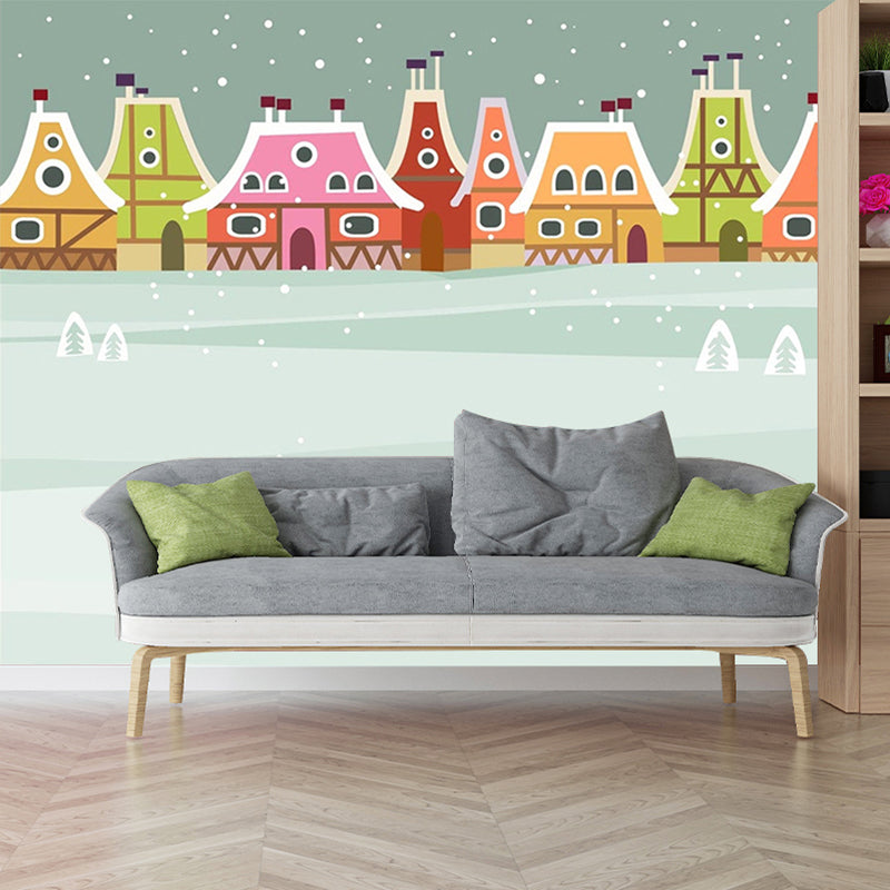 Fantasy Snowy Town Wallpaper Murals for Nursery Customized Wall Decor in Pink-Green-Grey Clearhalo 'Wall Decor' 'Wall Mural' 1185791