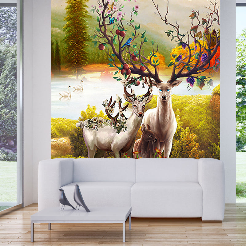 Deer in Sunrise Mountain Mural Yellow-Green Childrens Art Wall Covering for Bedroom Yellow-Green Clearhalo 'Wall Decor' 'Wall Mural' 1185799