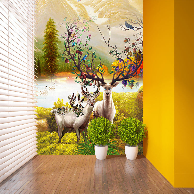 Deer in Sunrise Mountain Mural Yellow-Green Childrens Art Wall Covering for Bedroom Clearhalo 'Wall Decor' 'Wall Mural' 1185800