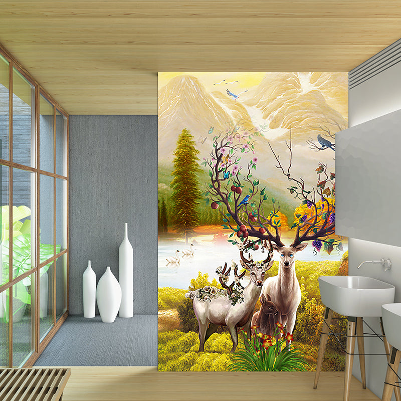 Deer in Sunrise Mountain Mural Yellow-Green Childrens Art Wall Covering for Bedroom Clearhalo 'Wall Decor' 'Wall Mural' 1185801