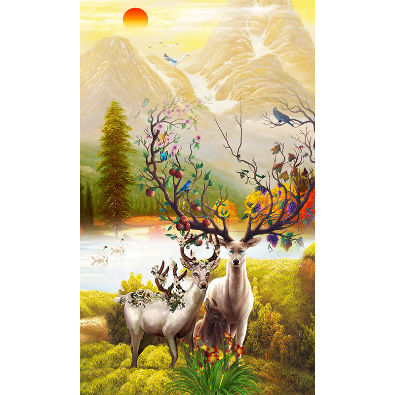 Deer in Sunrise Mountain Mural Yellow-Green Childrens Art Wall Covering for Bedroom Clearhalo 'Wall Decor' 'Wall Mural' 1185802