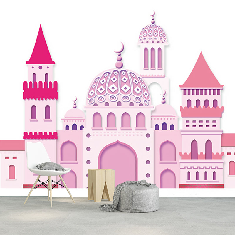 Pink Castle Wall Paper Murals Cartoon Fantasy Stain Resistant Wall Art for Girls Bedroom Pink Clearhalo 'Wall Decor' 'Wall Mural' 1185809