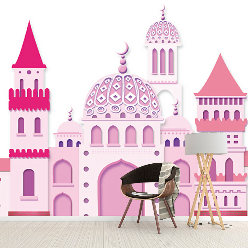 Pink Castle Wall Paper Murals Cartoon Fantasy Stain Resistant Wall Art for Girls Bedroom Clearhalo 'Wall Decor' 'Wall Mural' 1185810