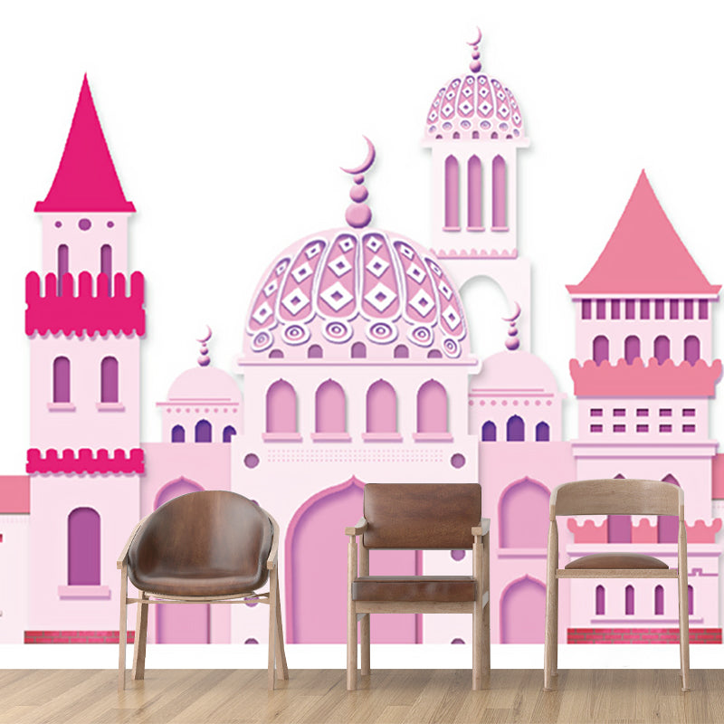 Pink Castle Wall Paper Murals Cartoon Fantasy Stain Resistant Wall Art for Girls Bedroom Clearhalo 'Wall Decor' 'Wall Mural' 1185811