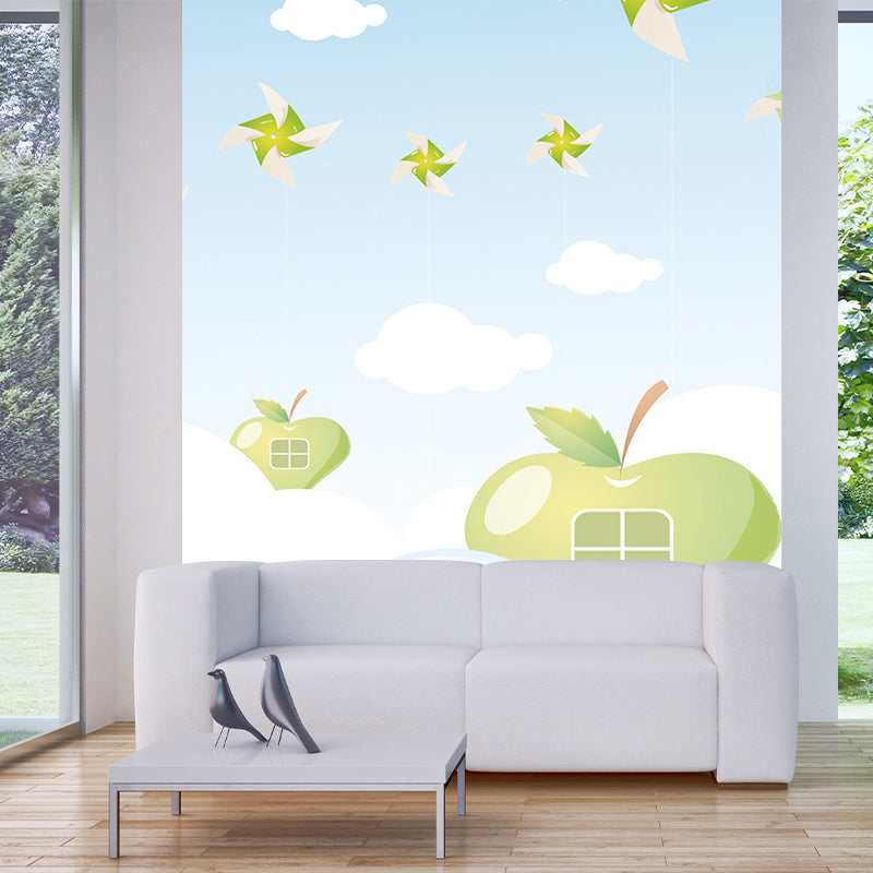 Cartoon Sky Apple House Murals for Kids Bedroom Full-Size Wall Decor in Blue-Green Blue-Green Clearhalo 'Wall Decor' 'Wall Mural' 1185819