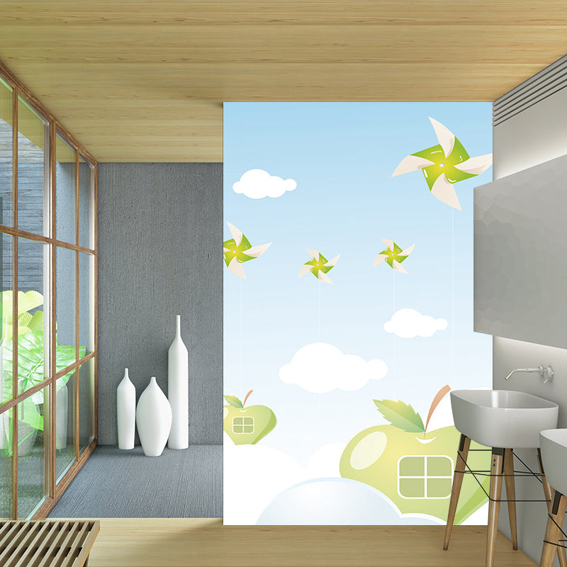 Cartoon Sky Apple House Murals for Kids Bedroom Full-Size Wall Decor in Blue-Green Clearhalo 'Wall Decor' 'Wall Mural' 1185821