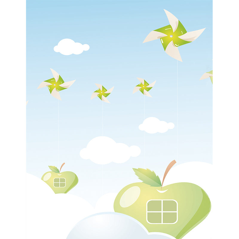 Cartoon Sky Apple House Murals for Kids Bedroom Full-Size Wall Decor in Blue-Green Clearhalo 'Wall Decor' 'Wall Mural' 1185822