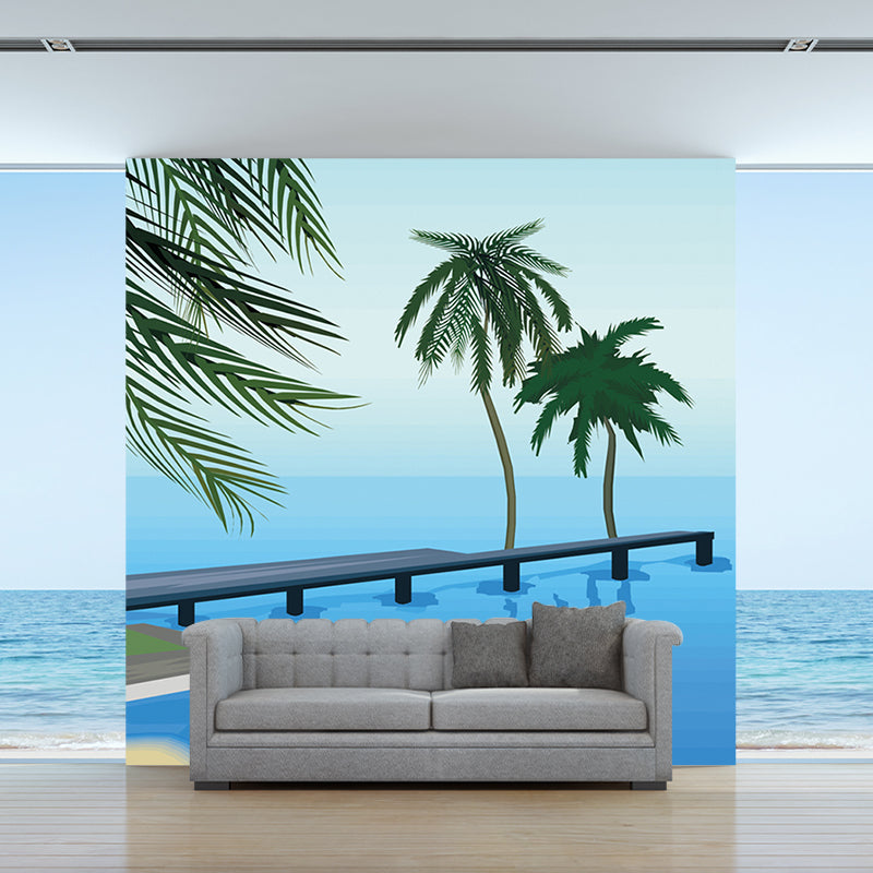 Seashore Palm Tree Wall Murals Blue-Green Tropical Wall Covering for Living Room Blue-Green Clearhalo 'Wall Decor' 'Wall Mural' 1185829