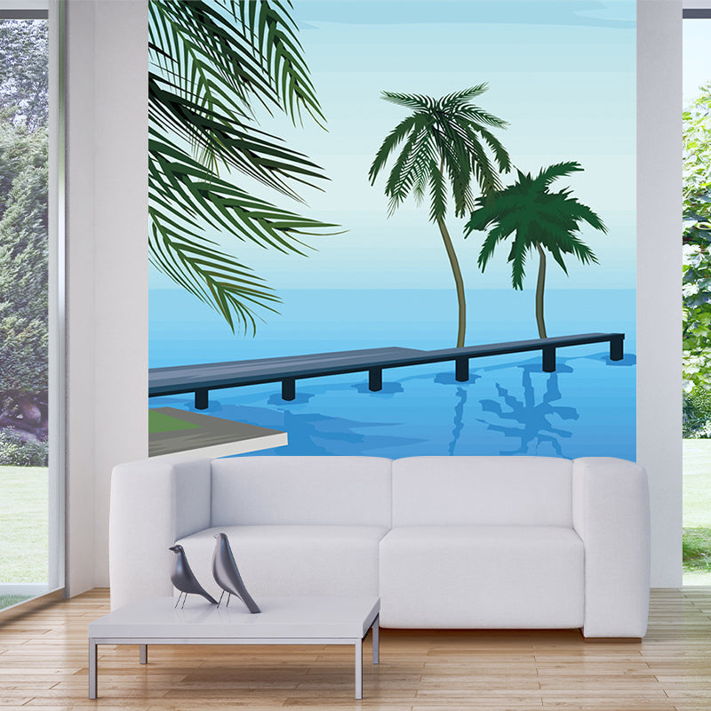 Seashore Palm Tree Wall Murals Blue-Green Tropical Wall Covering for Living Room Clearhalo 'Wall Decor' 'Wall Mural' 1185830