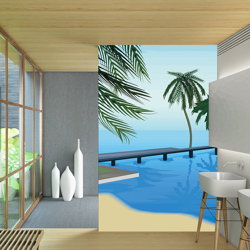 Seashore Palm Tree Wall Murals Blue-Green Tropical Wall Covering for Living Room Clearhalo 'Wall Decor' 'Wall Mural' 1185831