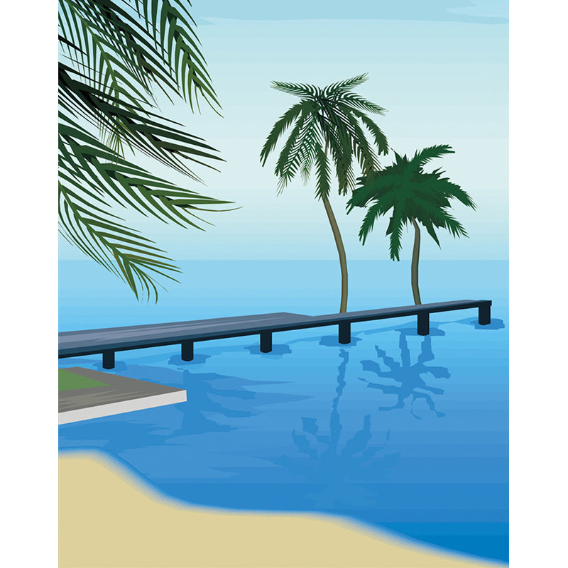 Seashore Palm Tree Wall Murals Blue-Green Tropical Wall Covering for Living Room Clearhalo 'Wall Decor' 'Wall Mural' 1185832