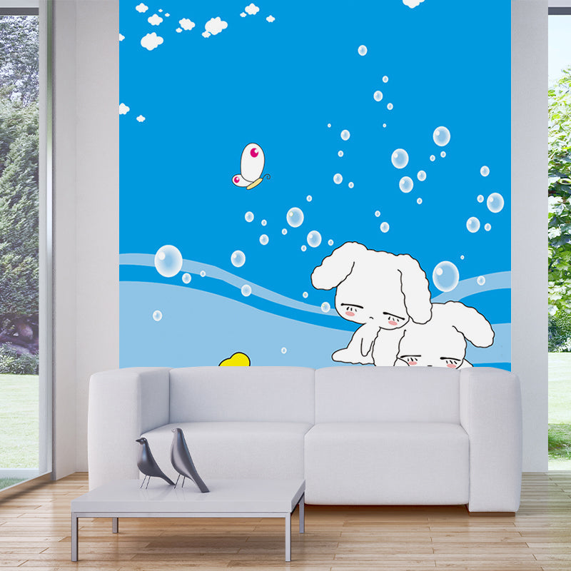 Childrens Art Bubbles Mural Wallpaper White Rabbit Wall Decor on Blue for Nursery Blue-White Clearhalo 'Wall Decor' 'Wall Mural' 1185834