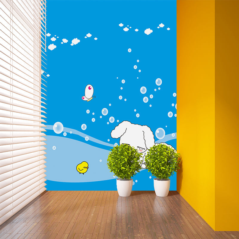 Childrens Art Bubbles Mural Wallpaper White Rabbit Wall Decor on Blue for Nursery Clearhalo 'Wall Decor' 'Wall Mural' 1185835