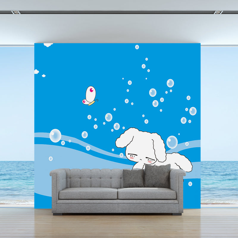 Childrens Art Bubbles Mural Wallpaper White Rabbit Wall Decor on Blue for Nursery Clearhalo 'Wall Decor' 'Wall Mural' 1185836