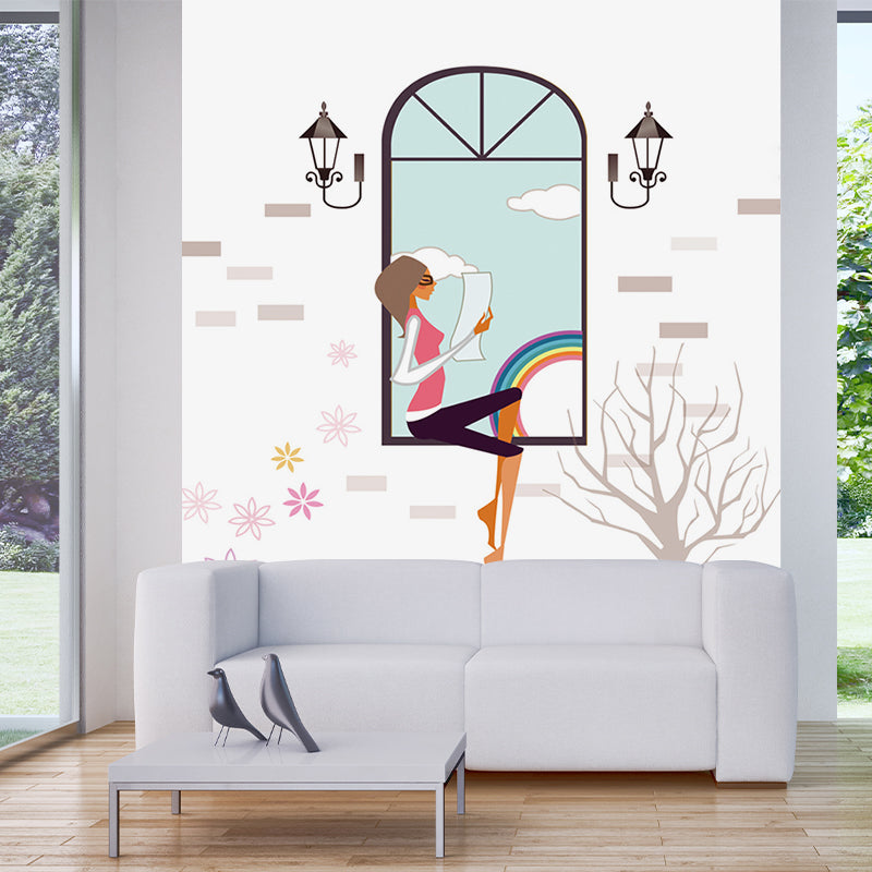 Non-Woven Water-Proof Murals Modern Girl Reading on Window Pattern Wall Covering in Blue-White Blue-White Clearhalo 'Wall Decor' 'Wall Mural' 1185839