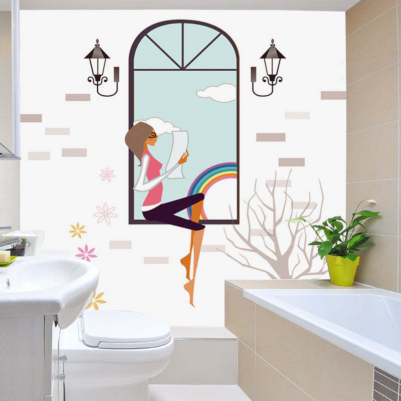 Non-Woven Water-Proof Murals Modern Girl Reading on Window Pattern Wall Covering in Blue-White Clearhalo 'Wall Decor' 'Wall Mural' 1185840