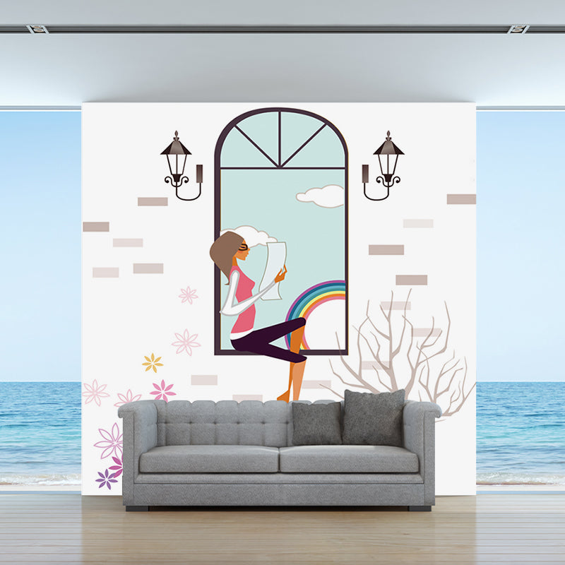 Non-Woven Water-Proof Murals Modern Girl Reading on Window Pattern Wall Covering in Blue-White Clearhalo 'Wall Decor' 'Wall Mural' 1185841