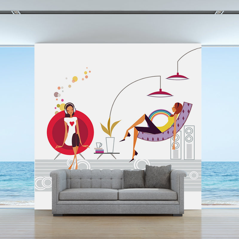 Stylish Girls Leisure Time Murals Red and White Water Resistant Wall Decoration for Bedroom Clearhalo 'Wall Decor' 'Wall Mural' 1185846