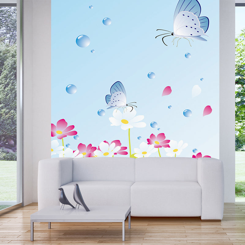 Butterfly on Flowers Wallpaper Murals Cartoon Waterproof Girls Room Wall Art, Optional Size Pink-Blue Clearhalo 'Wall Decor' 'Wall Mural' 1185849