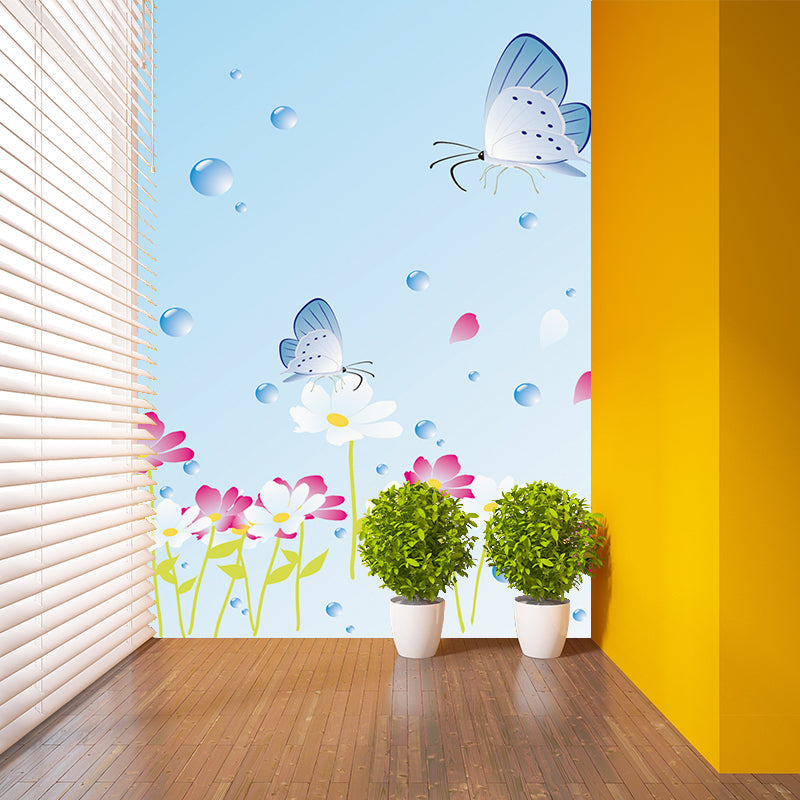 Butterfly on Flowers Wallpaper Murals Cartoon Waterproof Girls Room Wall Art, Optional Size Clearhalo 'Wall Decor' 'Wall Mural' 1185850