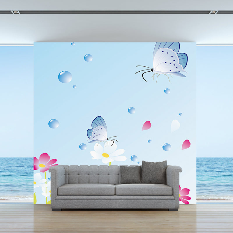 Butterfly on Flowers Wallpaper Murals Cartoon Waterproof Girls Room Wall Art, Optional Size Clearhalo 'Wall Decor' 'Wall Mural' 1185851