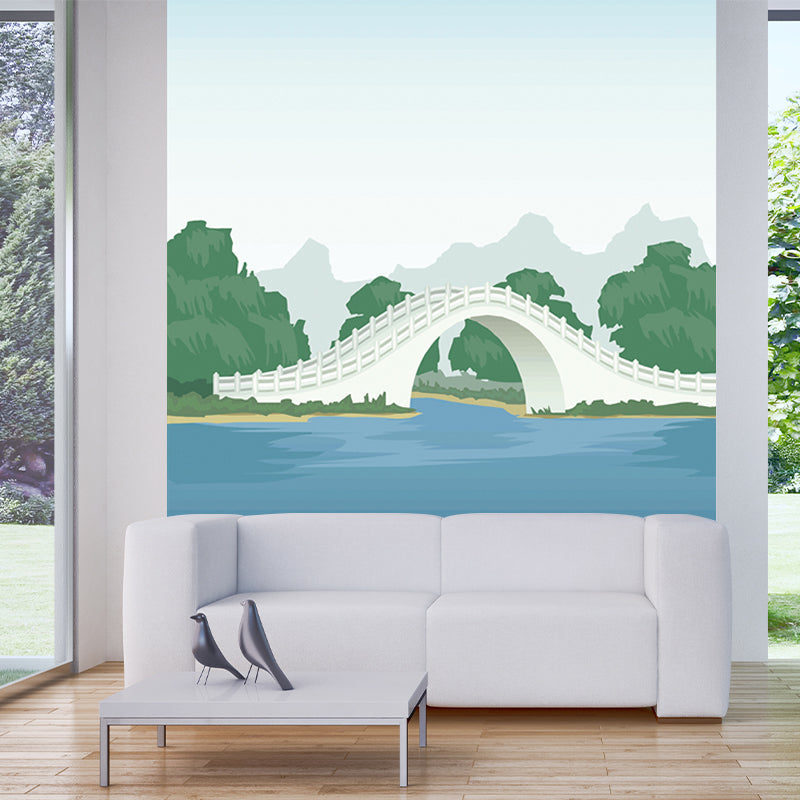 Full Size Scenic Murals Cartoon Beautiful Arch Bridge Wall Covering in Blue and Green Blue-Green Clearhalo 'Wall Decor' 'Wall Mural' 1185859