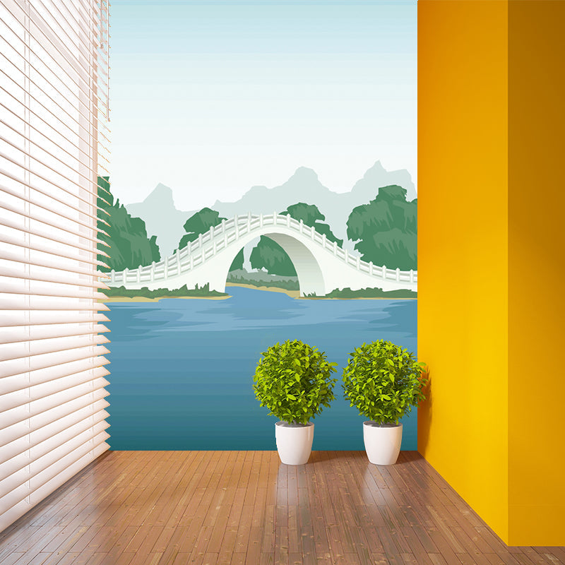 Full Size Scenic Murals Cartoon Beautiful Arch Bridge Wall Covering in Blue and Green Clearhalo 'Wall Decor' 'Wall Mural' 1185860