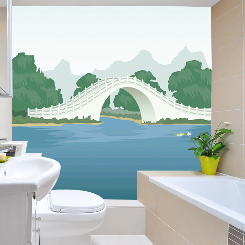 Full Size Scenic Murals Cartoon Beautiful Arch Bridge Wall Covering in Blue and Green Clearhalo 'Wall Decor' 'Wall Mural' 1185861