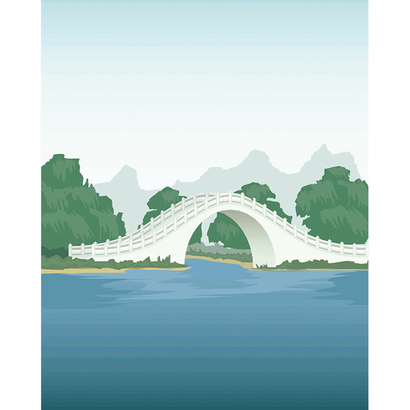 Full Size Scenic Murals Cartoon Beautiful Arch Bridge Wall Covering in Blue and Green Clearhalo 'Wall Decor' 'Wall Mural' 1185862