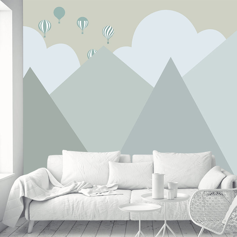 Moisture Resistant Murals Cartoon Non-Woven Cloth Wall Covering with Balloon in Cone Mountain Pattern Gray-Green Clearhalo 'Wall Decor' 'Wall Mural' 1185874