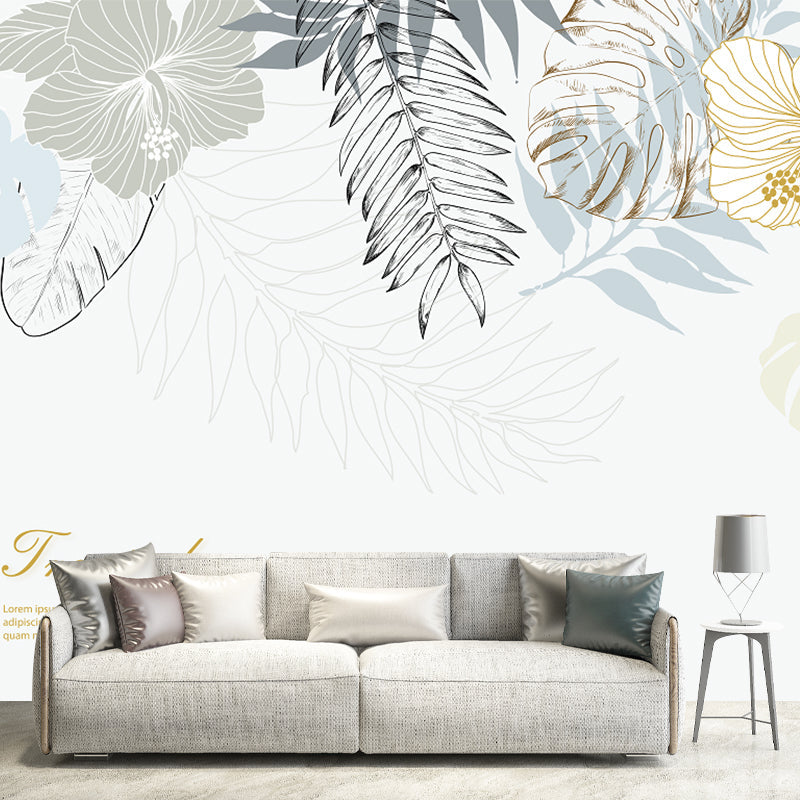 Tropix Watercolor Leaf Mural Wallpaper Grey-White Stain Resistant Wall Art for Home Clearhalo 'Wall Decor' 'Wall Mural' 1185881