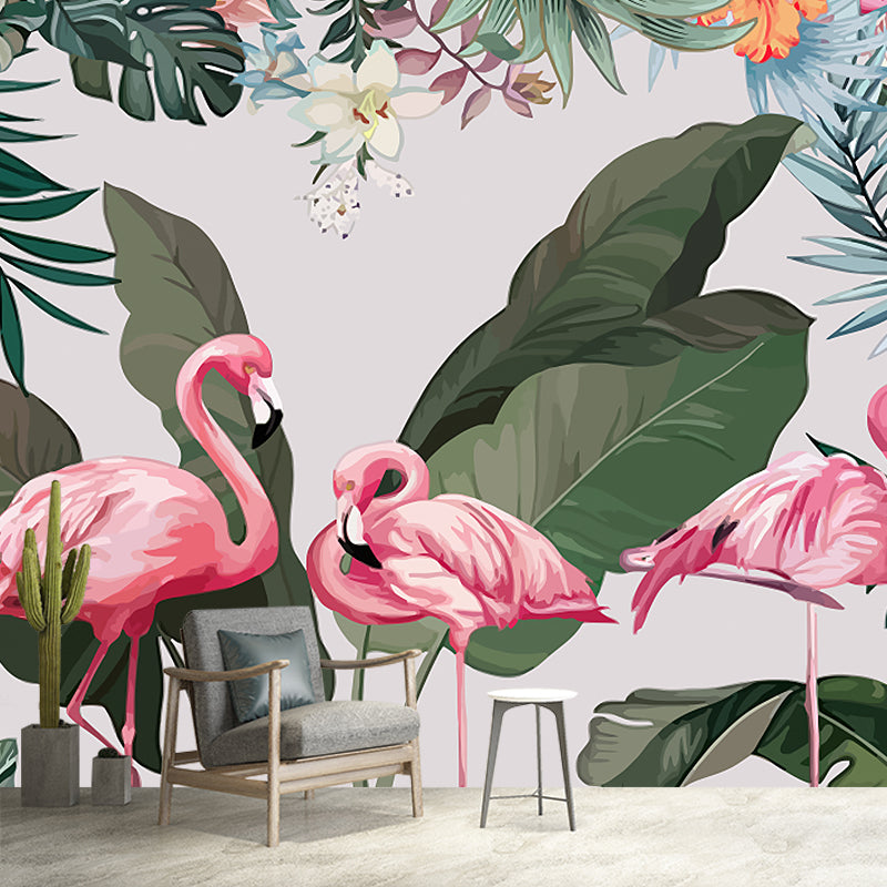 Tropical Flamingo Wall Murals Pink and Green Plants Wall Covering for Bedroom Decor Pink-Green Clearhalo 'Wall Decor' 'Wall Mural' 1185884