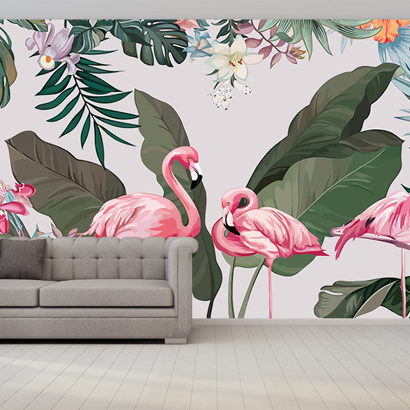 Tropical Flamingo Wall Murals Pink and Green Plants Wall Covering for Bedroom Decor Clearhalo 'Wall Decor' 'Wall Mural' 1185885