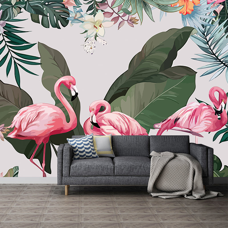 Tropical Flamingo Wall Murals Pink and Green Plants Wall Covering for Bedroom Decor Clearhalo 'Wall Decor' 'Wall Mural' 1185886