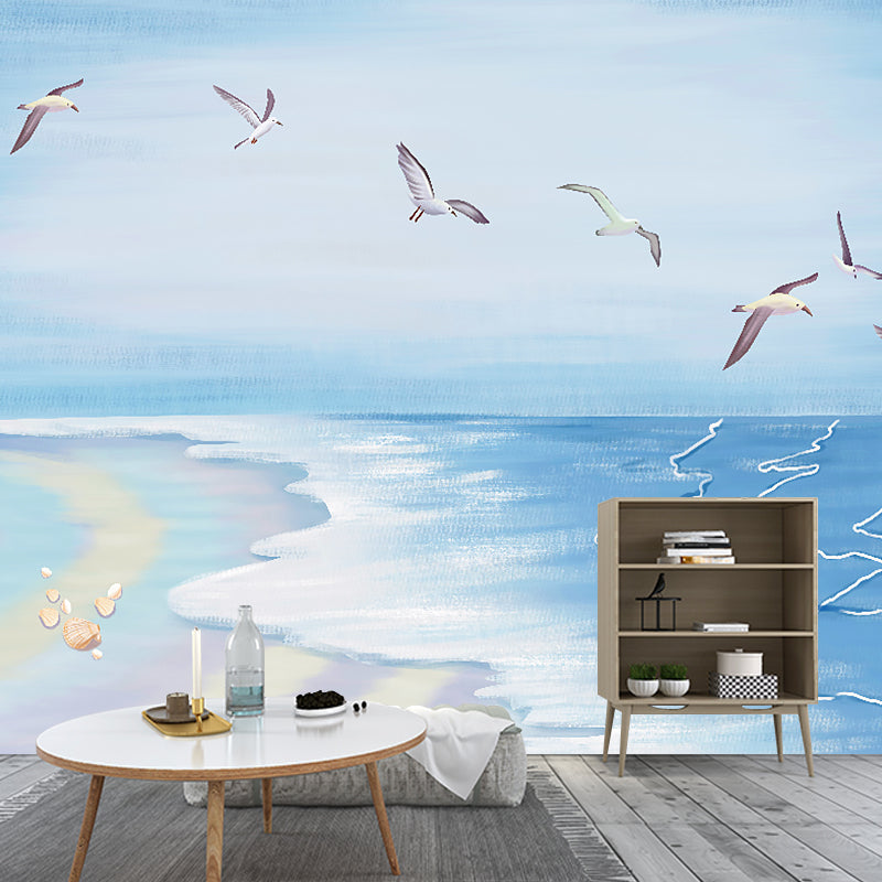 Blue Seashore and Gulls Mural Wallpaper Moisture Resistant Wall Covering for Accent Wall Blue Clearhalo 'Wall Decor' 'Wall Mural' 1185889