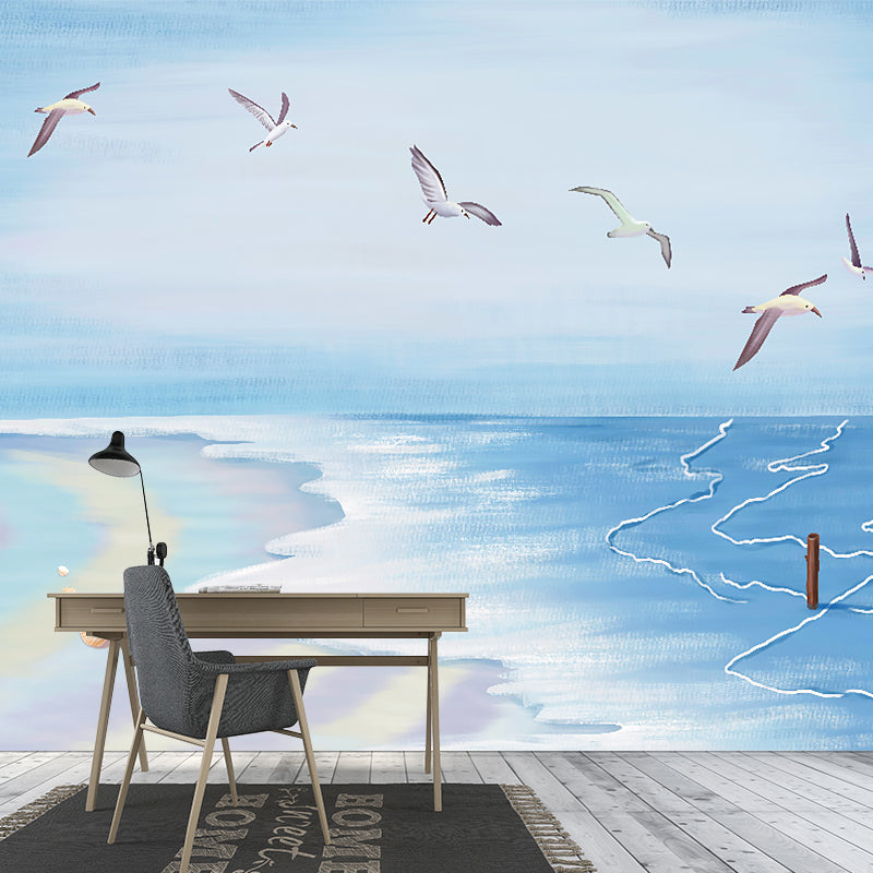 Blue Seashore and Gulls Mural Wallpaper Moisture Resistant Wall Covering for Accent Wall Clearhalo 'Wall Decor' 'Wall Mural' 1185890