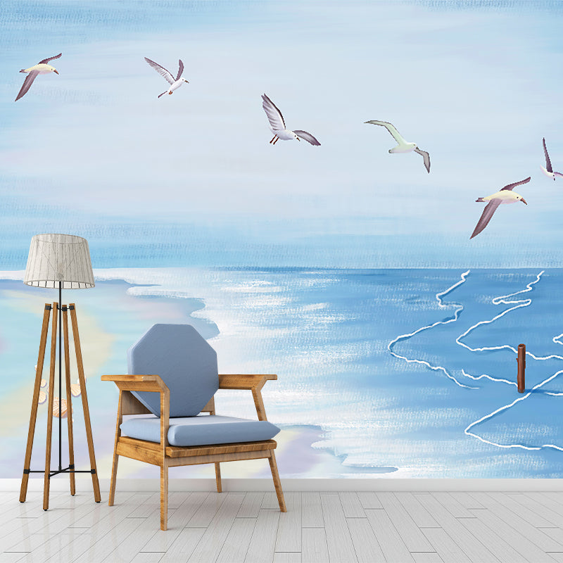 Blue Seashore and Gulls Mural Wallpaper Moisture Resistant Wall Covering for Accent Wall Clearhalo 'Wall Decor' 'Wall Mural' 1185891