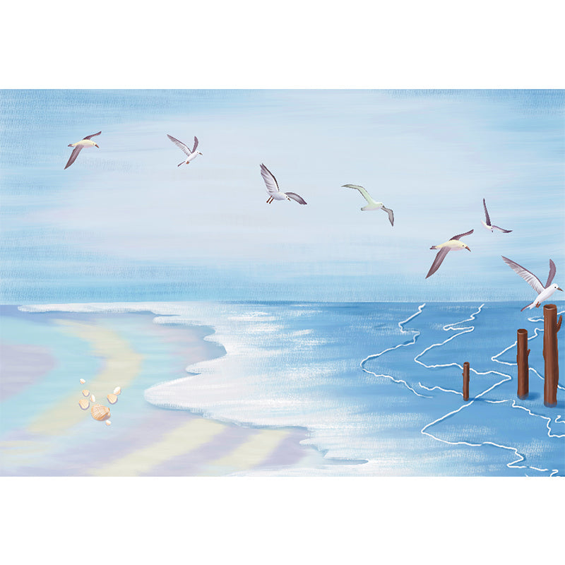 Blue Seashore and Gulls Mural Wallpaper Moisture Resistant Wall Covering for Accent Wall Clearhalo 'Wall Decor' 'Wall Mural' 1185892