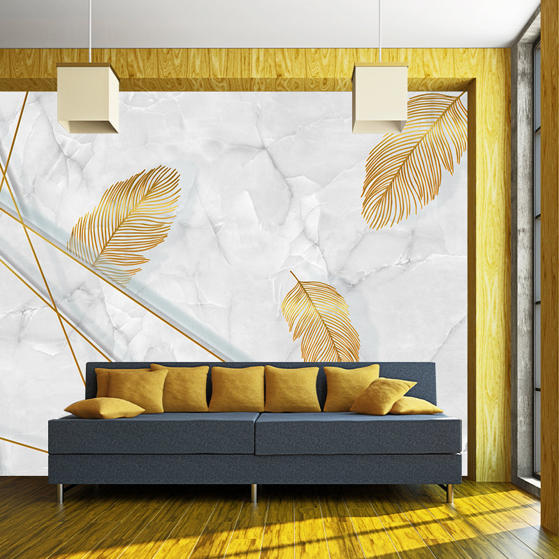 Feather and Marble Wallpaper Mural Grey-Yellow Modern Style Wall Decor for Living Room Gray-Yellow Clearhalo 'Wall Decor' 'Wall Mural' 1185894