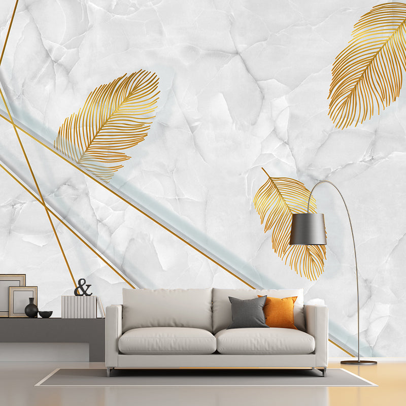 Feather and Marble Wallpaper Mural Grey-Yellow Modern Style Wall Decor for Living Room Clearhalo 'Wall Decor' 'Wall Mural' 1185895