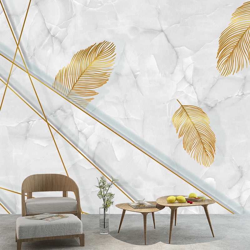 Feather and Marble Wallpaper Mural Grey-Yellow Modern Style Wall Decor for Living Room Clearhalo 'Wall Decor' 'Wall Mural' 1185896