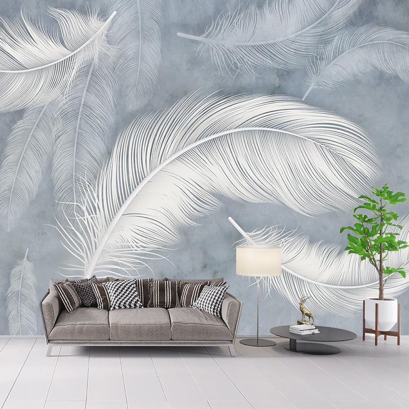 Illustration Feather Wall Paper Murals Full-Size Wall Covering for Accent Wall, Custom Made Gray-White Clearhalo 'Wall Decor' 'Wall Mural' 1185899