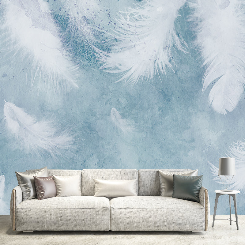 White Feather Wall Mural Decal Water Resistant Modernist Bedroom Wall Art on Blue Blue-White Clearhalo 'Wall Decor' 'Wall Mural' 1185909