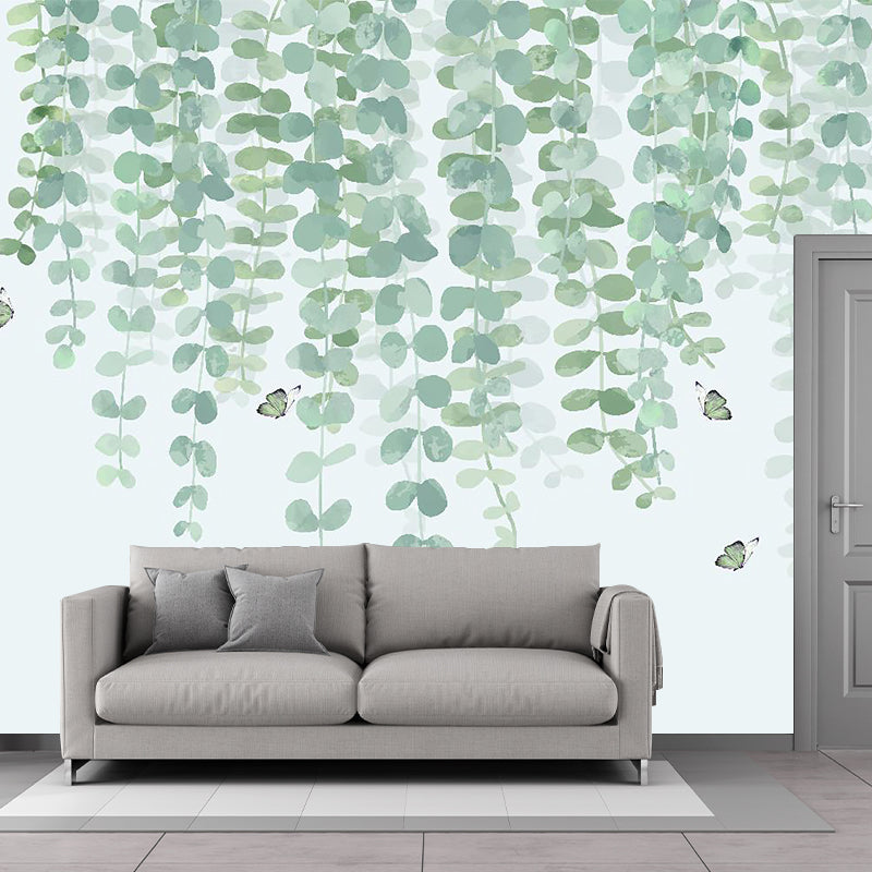 Modern Willow Branch Wall Mural Decal in Green and White Home Wall Decor, Full Size Clearhalo 'Wall Decor' 'Wall Mural' 1185945