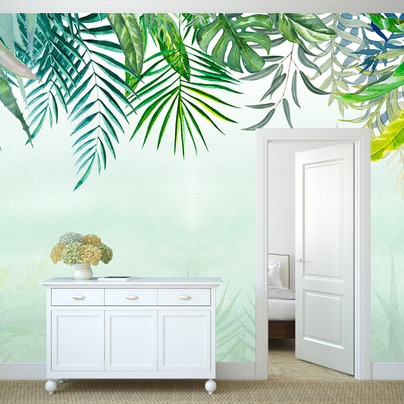 Plant Leaves Wall Murals Tropical Non-Woven Material Wall Art in Green, Waterproof Clearhalo 'Wall Decor' 'Wall Mural' 1185956